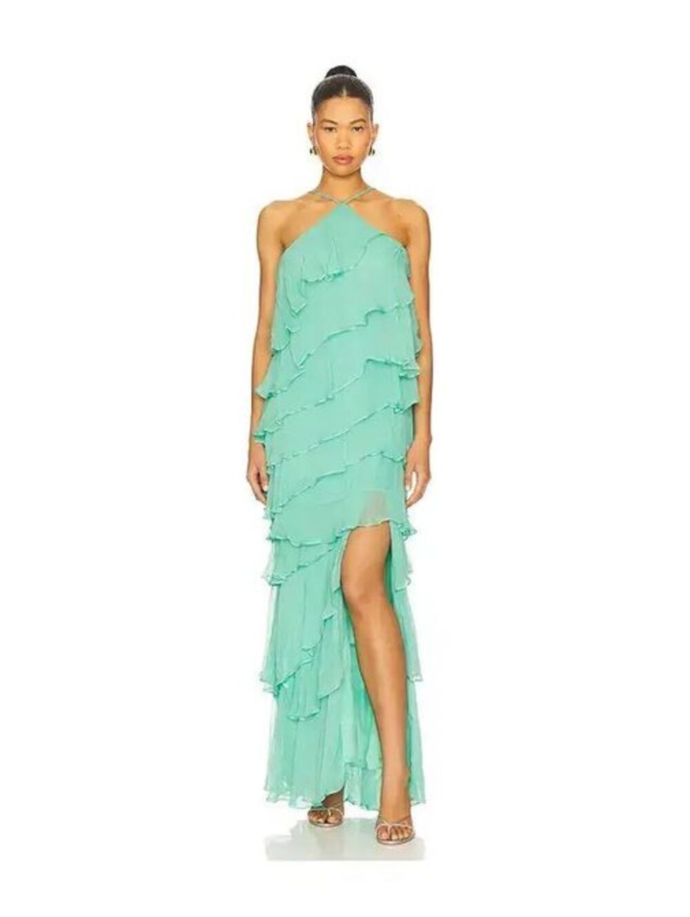 Amanda Uprichard Posie Maxi Dress Caribbean XS Tiered Chiffon Halter NWOT